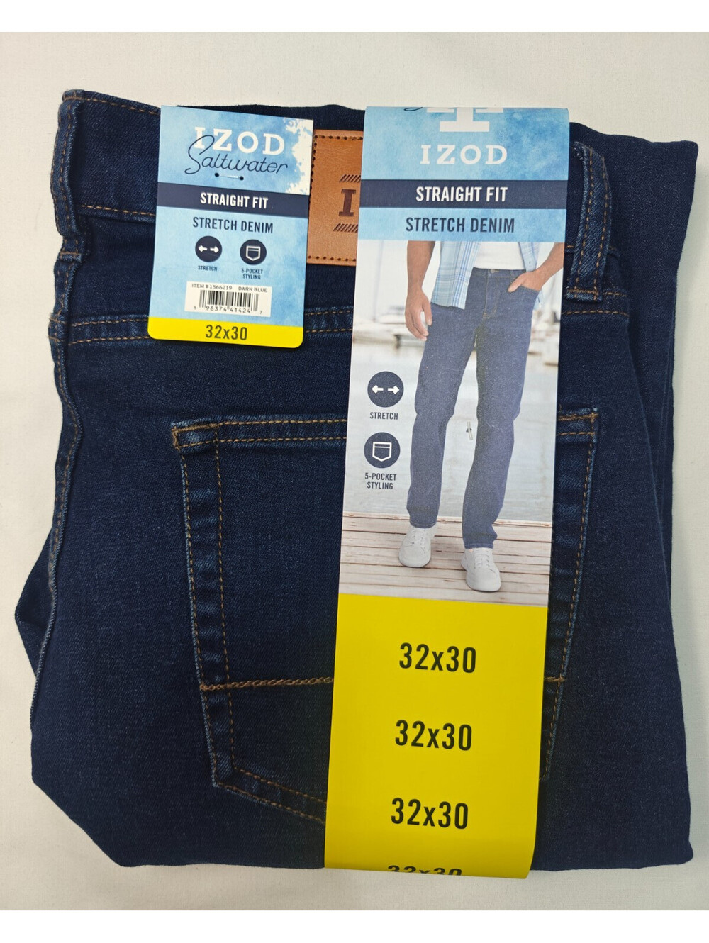 IZOD Saltwater Mens 32x30 Blue Straight Fit Comfort Stretch Jeans Casual NWT